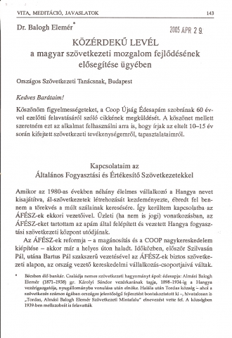 Dr. Balogh Elemér közérdekű levele a magyar szövetkezeti mozgalom fejlődésének elősegítése ügyében 1. oldal